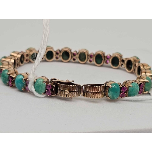 15 - A TURQUOISE AND RUBY BRACELET 9CT 21.G