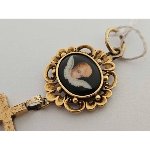 17 - A 19TH CENTURY CHERUB MOURNING PENDANT WITH ENAMEL, 15ct, 5.6G