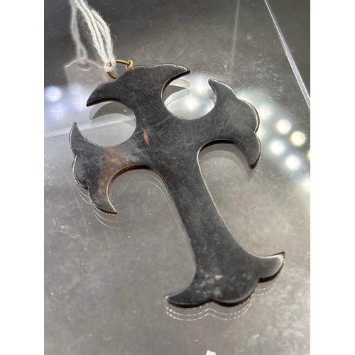 21 - Large Victorian pique cross inlaid with gold and silver, 2.5 inches long not including pendant loop