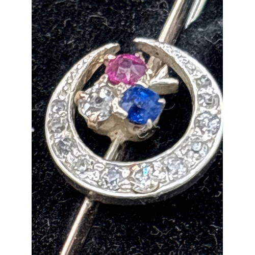 22 - Antique Edwardian diamond set crescent brooch with sapphire and ruby highlights in original box by B... 