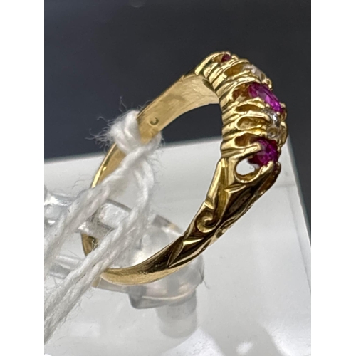 25 - Antique Edwardian Ruby and diamond 18ct 5 stone ring, size M, 2.8g