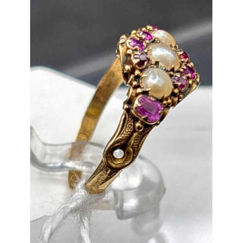 26 - Antique Victorian 18ct pearl and ruby set ring, size M