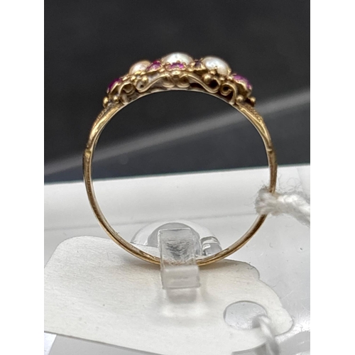 26 - Antique Victorian 18ct pearl and ruby set ring, size M