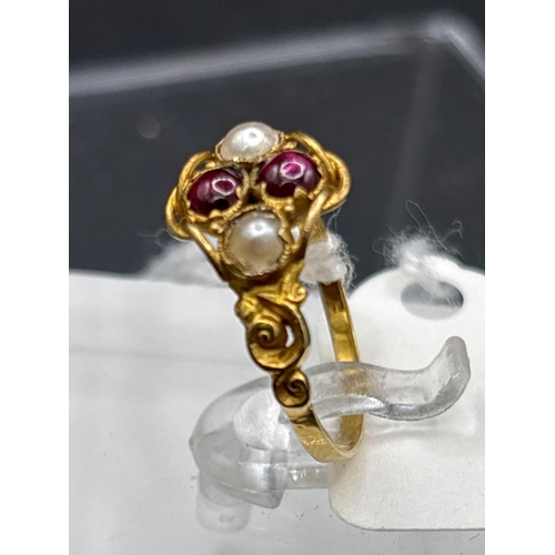55 - A Victorian cabochon garnet and pearl cluster ring size L 15ct gold tested