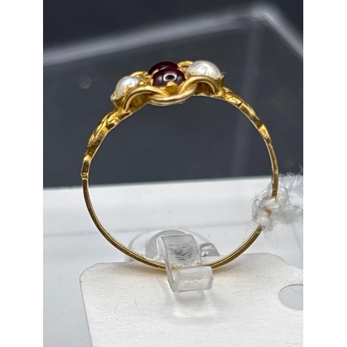 55 - A Victorian cabochon garnet and pearl cluster ring size L 15ct gold tested