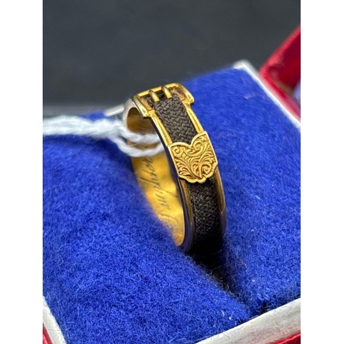 58 - A GOLD MEMORIAL BUCKLE RING END INSRCIBED  IN MEMORY OF MY BELOVED DAUGHTER JANE DIED 1858 SIZE M BO... 