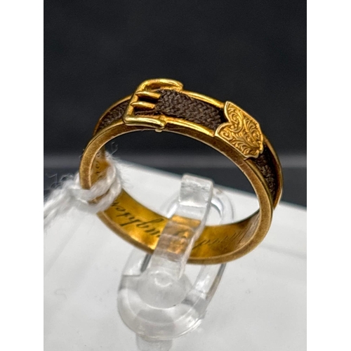 58 - A GOLD MEMORIAL BUCKLE RING END INSRCIBED  IN MEMORY OF MY BELOVED DAUGHTER JANE DIED 1858 SIZE M BO... 