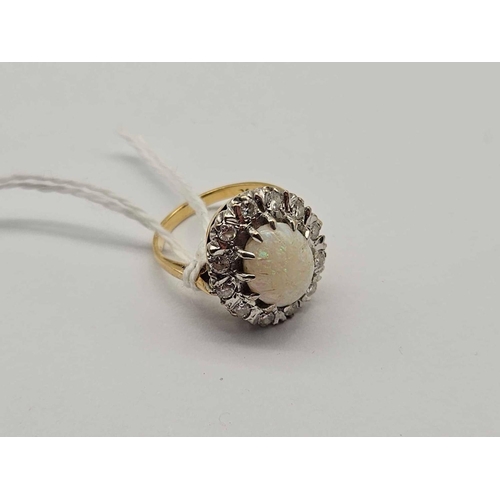 82 - An opal and diamond cluster ring 18 ct size N 6g