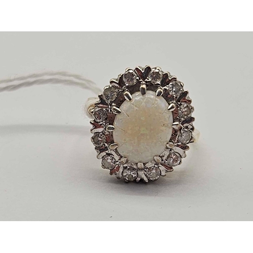 82 - An opal and diamond cluster ring 18 ct size N 6g