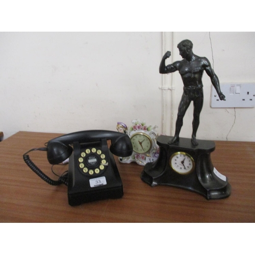 33 - A VINTAGE STYLE TELEPHONE & TWO CLOCKS