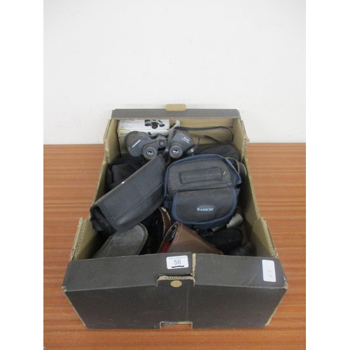 56 - A BOX OF CAMERAS, BINOCULARS, ETC