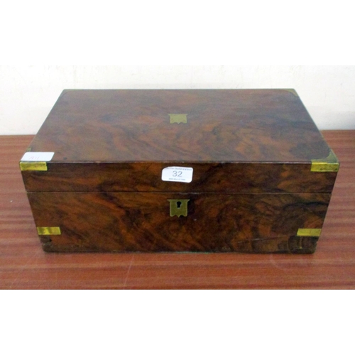32 - A BRASS BOUND WALNUT WRITING BOX