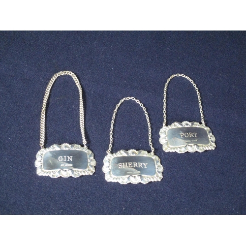 518 - Three Silver Decanter Labels :- Gin London 1963 - N° 2 Port Birmingham 1970 - A.M. and Co  Sherry Bi... 