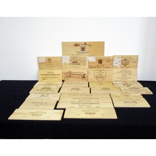 519 - 26 Wine Wooden Box Ends including:- Figeac, Grand-Puy-Lacoste, Smith Haut Lafitte, Marlartic Lagravi... 