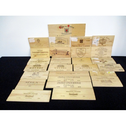 519 - 26 Wine Wooden Box Ends including:- Figeac, Grand-Puy-Lacoste, Smith Haut Lafitte, Marlartic Lagravi... 