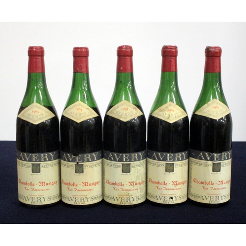 501 - 5 bts Chambolle Musigny, Les Amoureuses 1964 Averys EB, 3 ls, 1 bls/ls, 1 bls, 1 cork dropped but ca... 