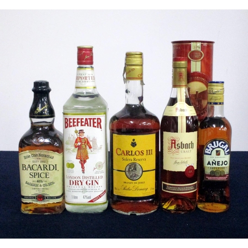 685 - 1 70-cl bt Bacardi Spice 40% vsl stl 1 litre bt Beefeater London Distilled Dry Gin 47% 1 litre bt Ca... 