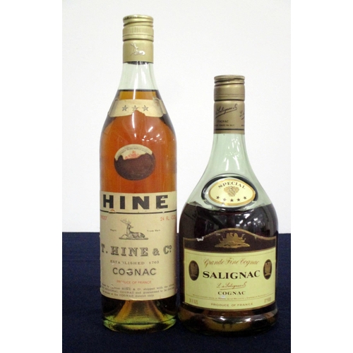 217 - 1 24 fl oz bt Hine Three Star Cognac 70° proof sl ntl/sl stl, believed 1970's bottling 1 24 fl oz bt... 