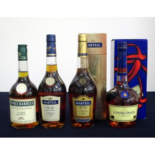 239 - 1 70-cl bt Three Barrels V.S.O.P. Rare Old French Brandy 2 70-cl bts Martell VS Fine Cognac 1 oc 1 7... 