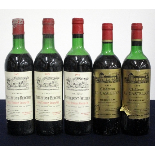 408 - 3 bts Ch. Bellefont-Belcier 1970 St-Émilion Grand Cru ms bs 2 bts Ch. Le Castellot, Bergerac 1972 Ma... 