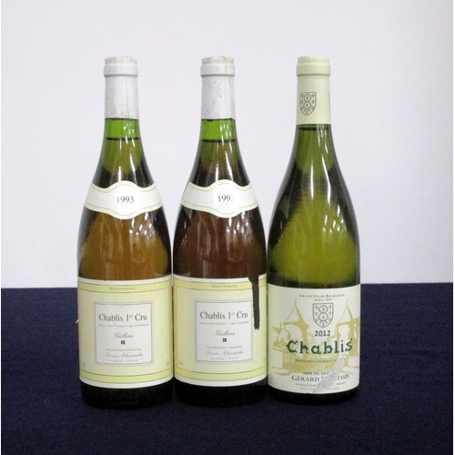 421 - 2 bts Chablis 1er Cru Vaillons 1993 Louis Alexandre i.n, bs, 1 torn label 1 bt Chablis 2012 Gérard D... 