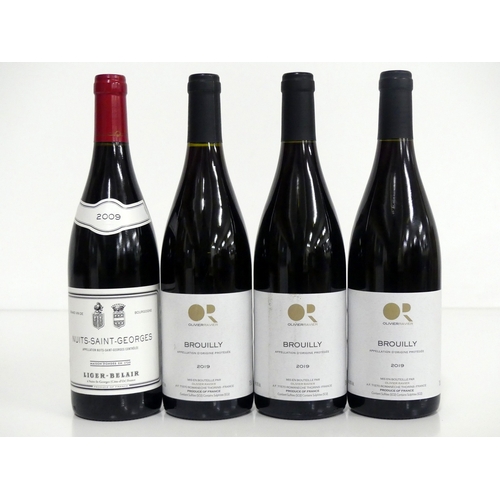 300 - 1 bt Nuits-Saint-Georges 2009 Liger Belair hf 3 bts Brouilly 2019 Olivier Ravier Above 4 bottles