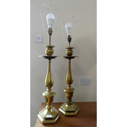 1 - A PAIR OF BRASS CANDLE STICK STYLE TABLE LAMPS