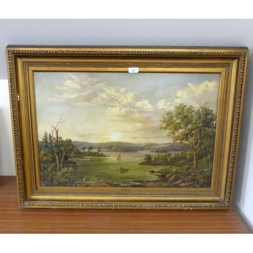 33 - AN OIL ON BOARD - LAKE SCENE WITH BOATS & FISHERMAN - W HANDLEY