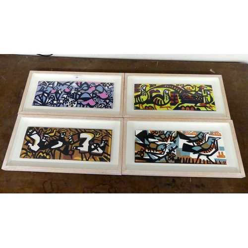 36 - A SET OF FOUR COLOURED WOOD BLOCK STYLE PRINTS OF BIRDS