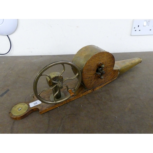 38 - AN OAK & BRASS MECHANICAL FIRE BELLOWS