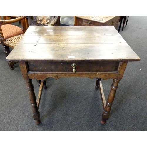 44 - AN OAK SIDE TABLE, TURNED LEGS, FRIEZE DRAWER