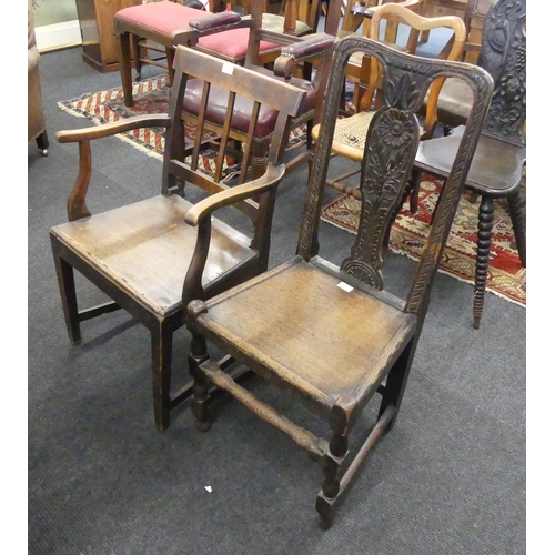 51 - A MAHOGANY ELBOW CHAIR AND A CARVED OAK SIDE CHAIR