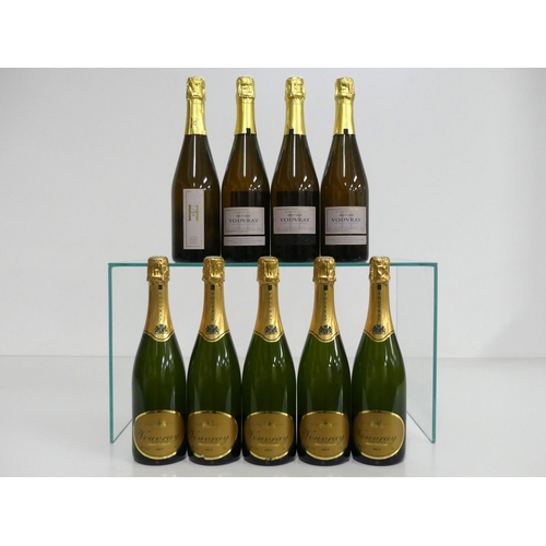 682 - 4 bts Dom Huet Vouvray Brut 2001 2 missing labels 5 bts Cave Coumais Vouvray Brut NV Above 9 bottles