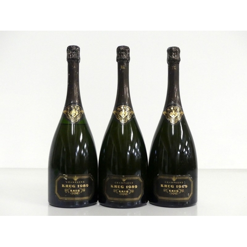 138 - 3 magnums Krug Vintage Champagne 1989 vsl bs, vsl cdl, 1 sl ullaged - 20 mm below neck label