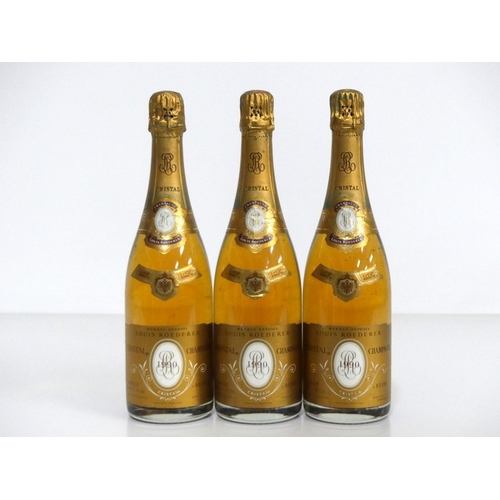 162 - 3 bts Louis Roederer Cristal Champagne 1990 sl bs, sl ntl, vsl oxidised foil