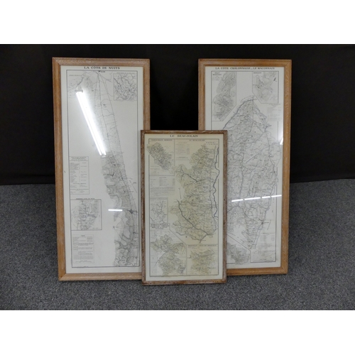 544 - 3 Framed and Glazed Prints/Maps. 'La Côte Chalonnaise - Le Maconnais 'La Côte de Nuits' 'Le Beaujola... 