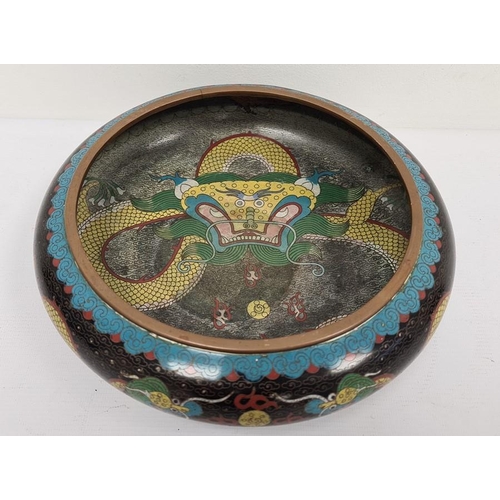 112 - Chinese cloisonne enamel bowl with inverted rim, black ground and decorated inside and out with drag... 