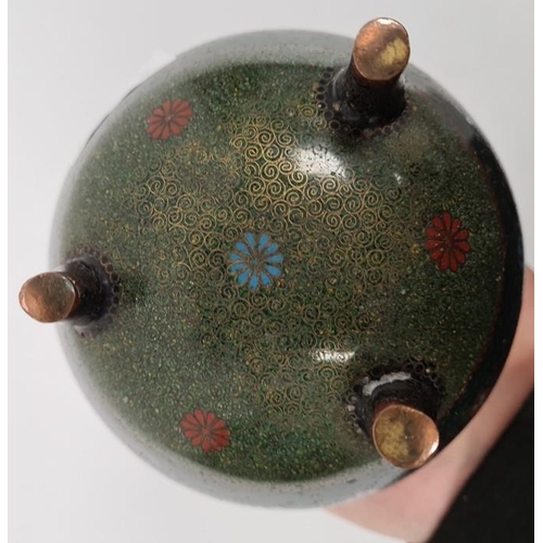 115 - Japanese cloisonne enamel koro, bulbous and raised on three rudimentary supports, allover decorated ... 