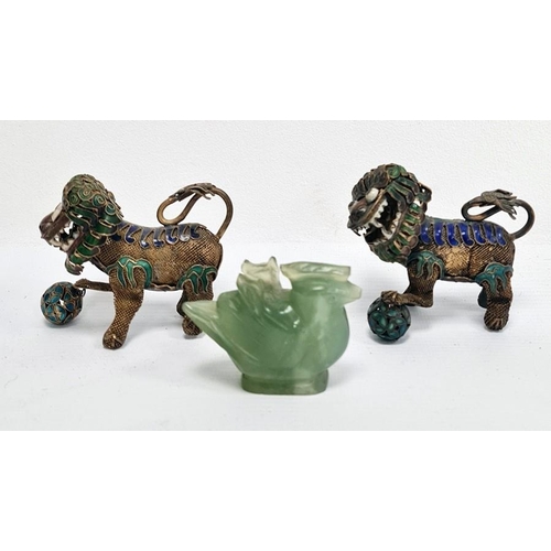 118 - Pair Chinese cloisonne enamel and gilt metal articulated models of Temple Dogs, 8cm wide and a Chine... 