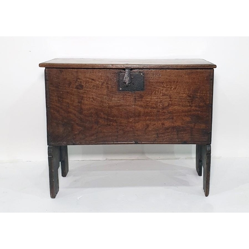 1180 - Possibly 18th century oak six-plank chest with iron lock, 58.5cm x 63cm