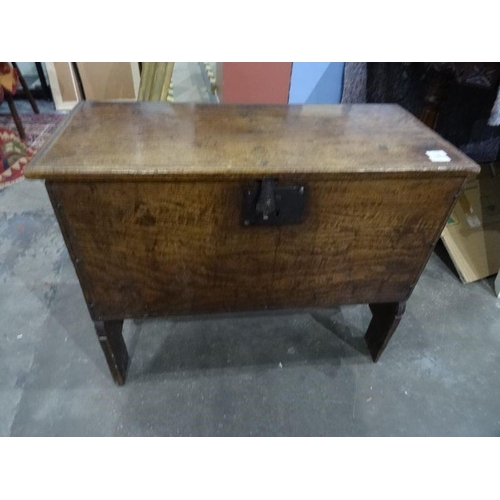 1180 - Possibly 18th century oak six-plank chest with iron lock, 58.5cm x 63cm