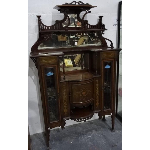 1186 - Late Victorian/early Edwardian glazed display cabinet with multi-mirror panel back above the assorte... 