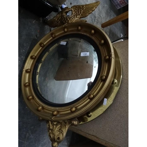 1190 - Convex wall mirror surmounted with eagle, sprayed gold with ball decoration and another circular con... 