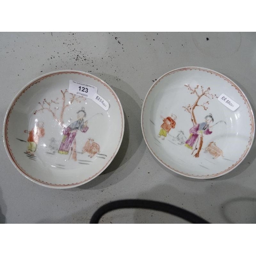 123 - Pair antique Chinese porcelain saucers, each painted with two figures beside tree and sheep, 13cm di... 