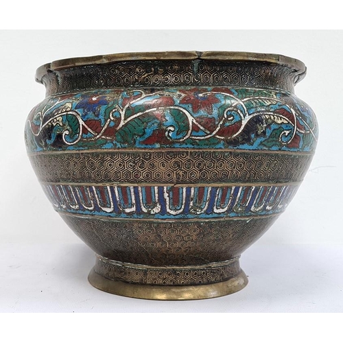 130 - Chinese cloisonne and bronze jardiniere, ovoid with flared rim, having two cloisonne bands of lappet... 