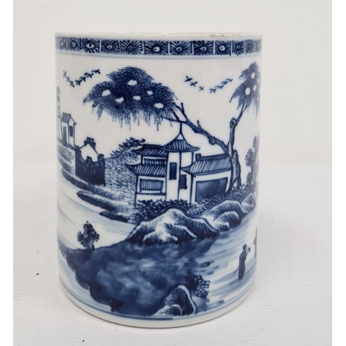 132 - 19th century Chinese porcelain mug, cylindrical with figures in lakeside landscape painted in underg... 