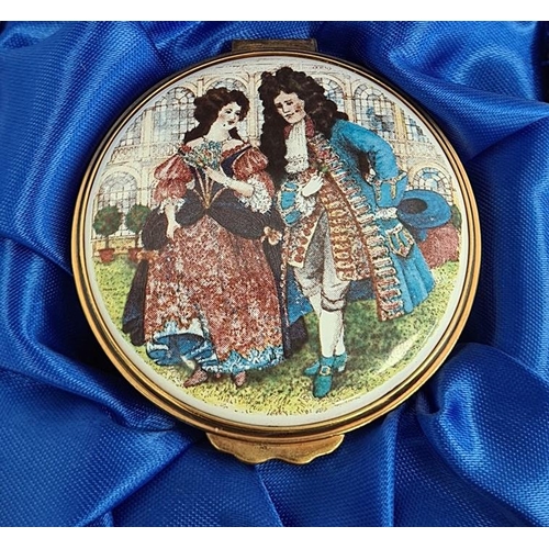 150 - Kingsley miniature enamel trinket box 'English Costume - 17th Century' and decorated with pair of fi... 