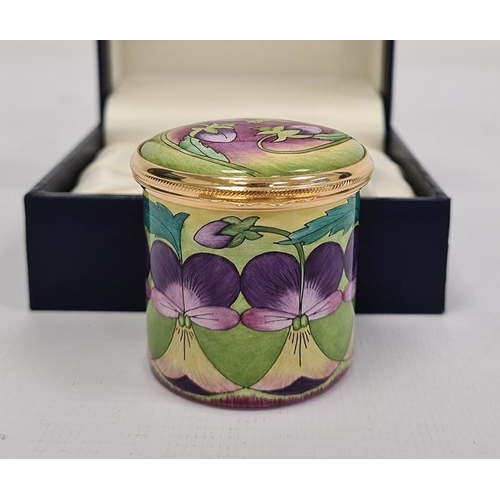 152 - Moorcroft enamel trinket pot, cylindrical and pansy decorated, initialled 'CB' to base, 4.5cm high