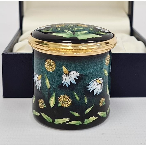 153 - Moorcroft enamel trinket pot, cylindrical, powder green and black ground with sunflower decoration, ... 