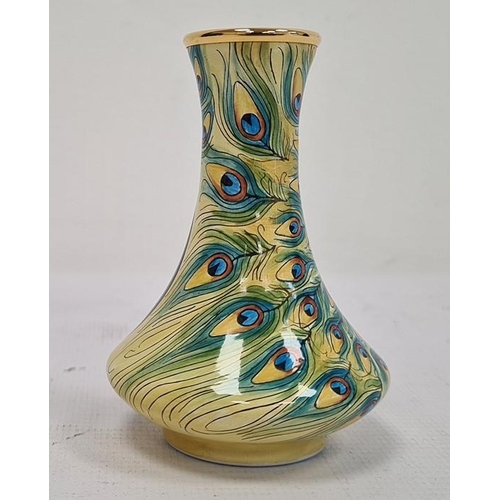 156 - Moorcroft miniature enamel vase, angular baluster-shape, cream ground with peacock decoration, initi... 